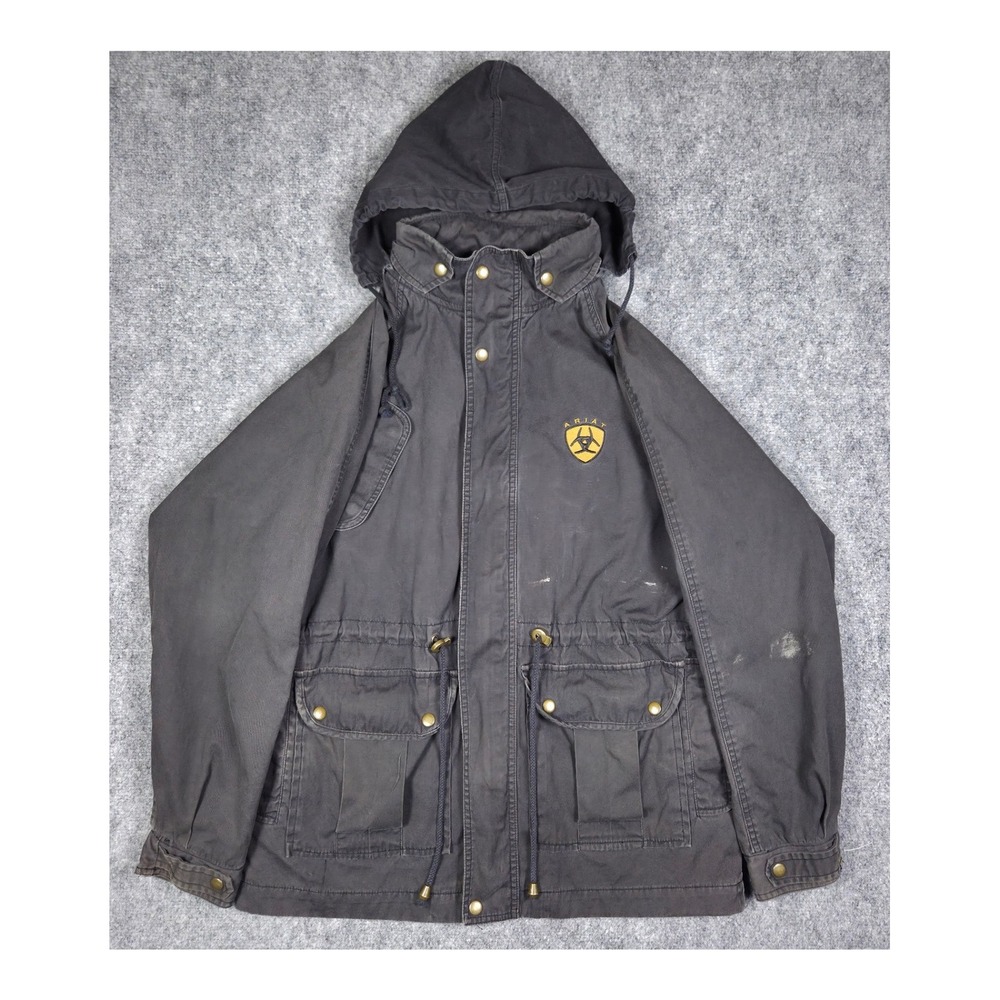 Vintage Ariat Canvas Field Jacket Mens Medium Black Hooded New Breed of Boot